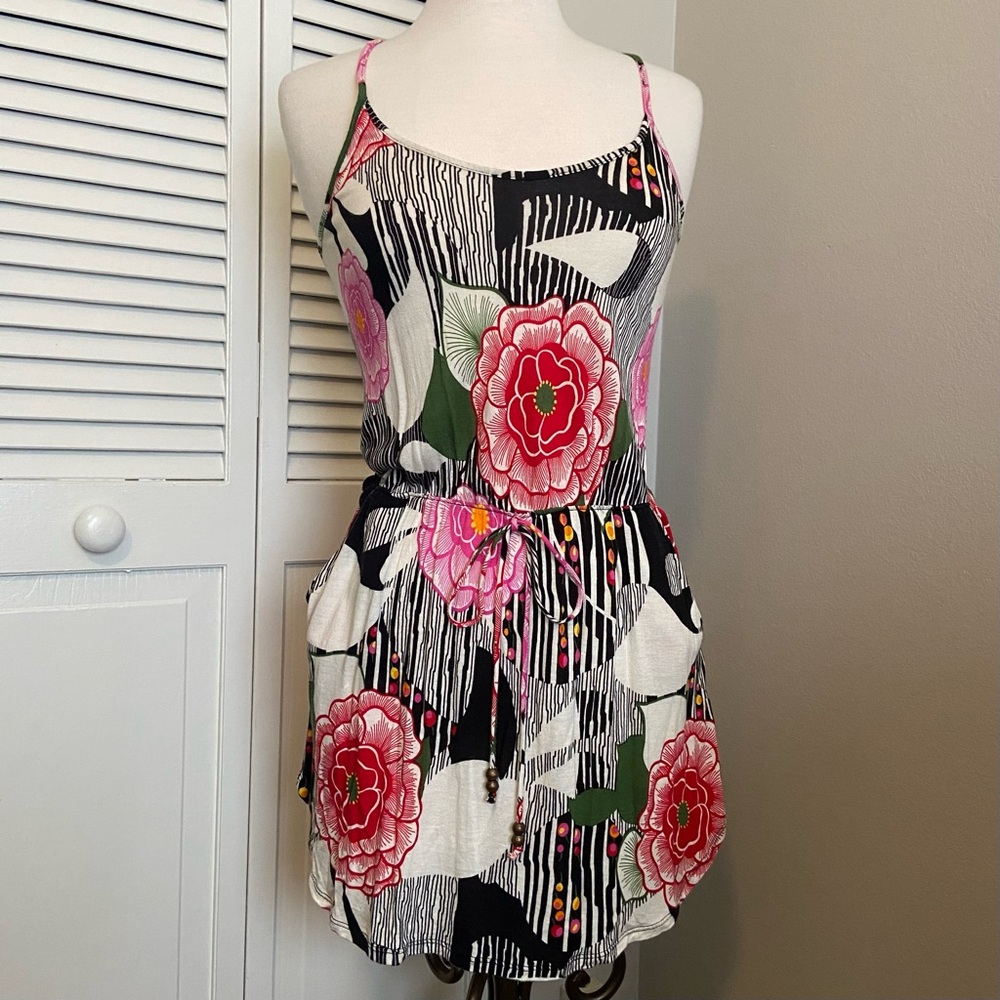 Vintage Solemio Floral Mixed Print Strappy Mini Dress with Pockets Medium M Vtg